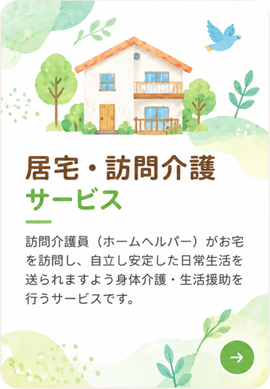 居宅・訪問介護サービス。訪問介護員（ホームヘルパー）がお宅を訪問し、自立し安定した日常生活を送られますよう身体介護・生活援助を行うサービスです。